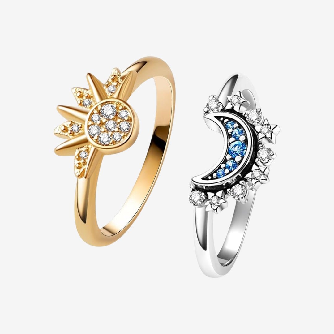 ZEYA - Brietta Celestial Sun & Moon Ring Set - Hand - Finished 14k Gold - Plated Stackable Jewelry